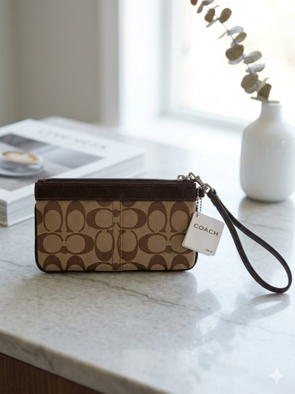 NWT Coach Signature Brown Khaki Wristlet Wallet Pouch Clutch Canvas Leather Zip
